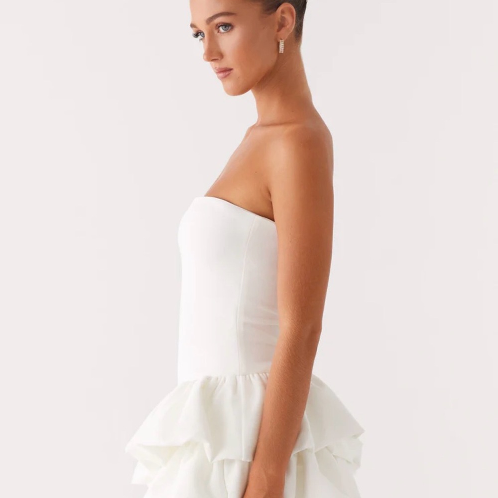 Strapless White Ruffle Mini Dress - Picture 2 of 6